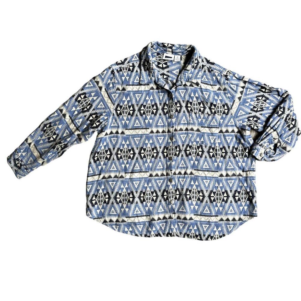 Vintage Aztec Button Up Top Womens Size 3X Blue Thick Long Sleeve Woven Western